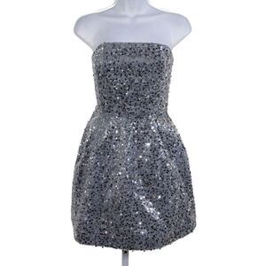 Nina Bauer Womens Sweetheart Neckline Zip A-Line Sequence Dress Silver Size S